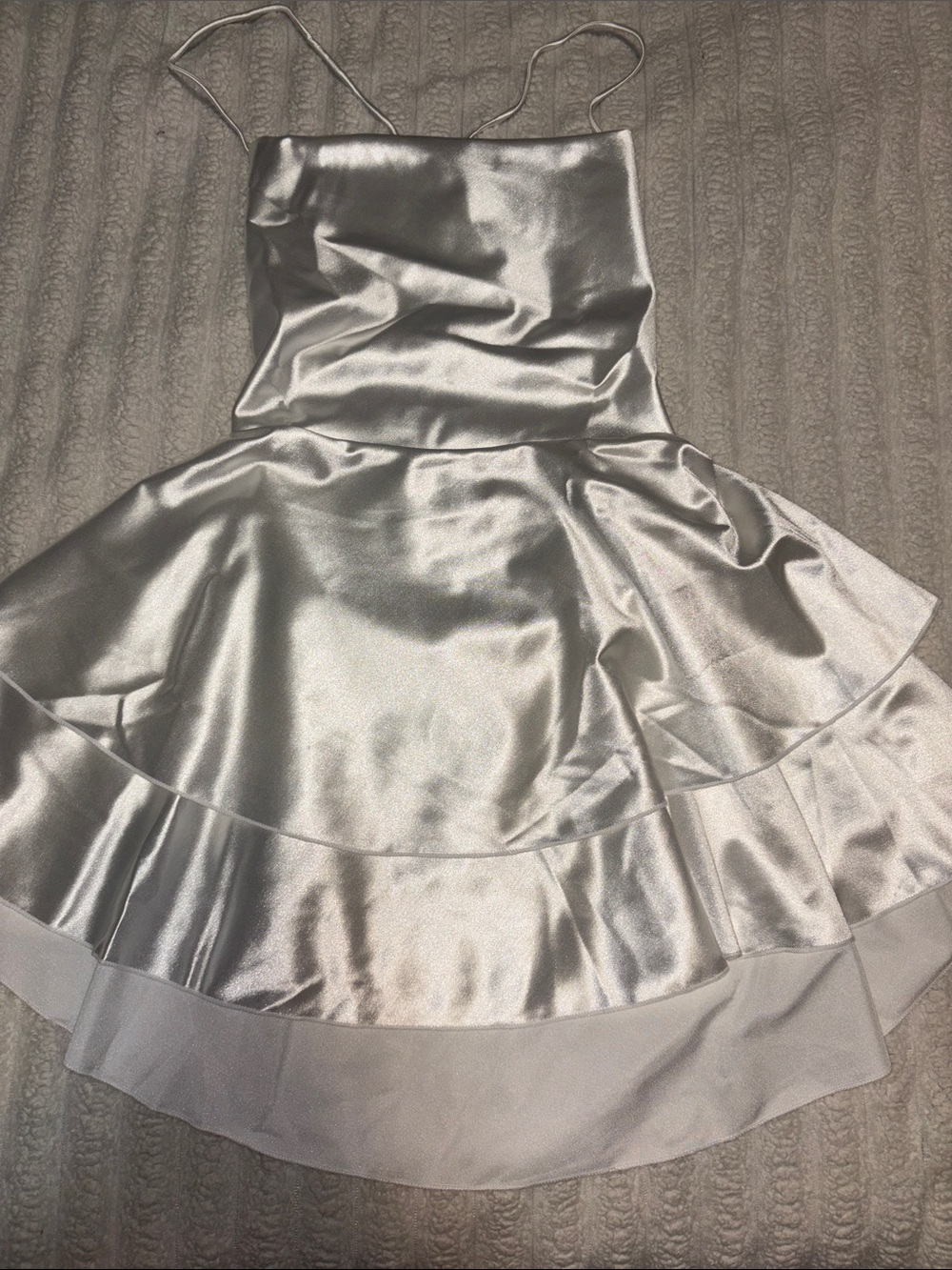 Satin white Spaghetti Strap tiered skirt lace up back Party Dress